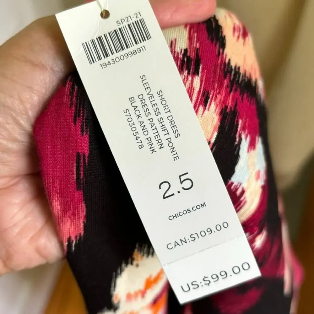 NWT CHICO'S Sleeveless Shift Ponte Dress in Black Florals  SZ 14